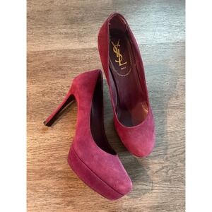 Yves Saint Laurent YSL Suede Platform Pumps Burgundy Heels Size 38.5